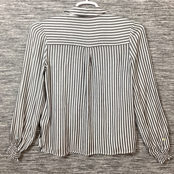 Women’s Grey & White Stripes Button Down Long Shirred Hem Sleeve Collared Shirt - Picture 3 of 4